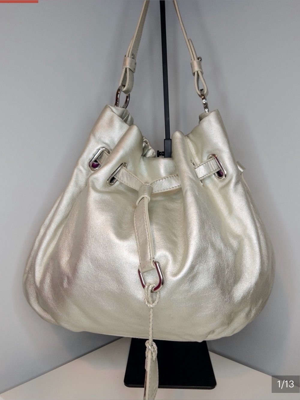 Cole Haan Metallic Silver Leather Drawstring Bucket Bag